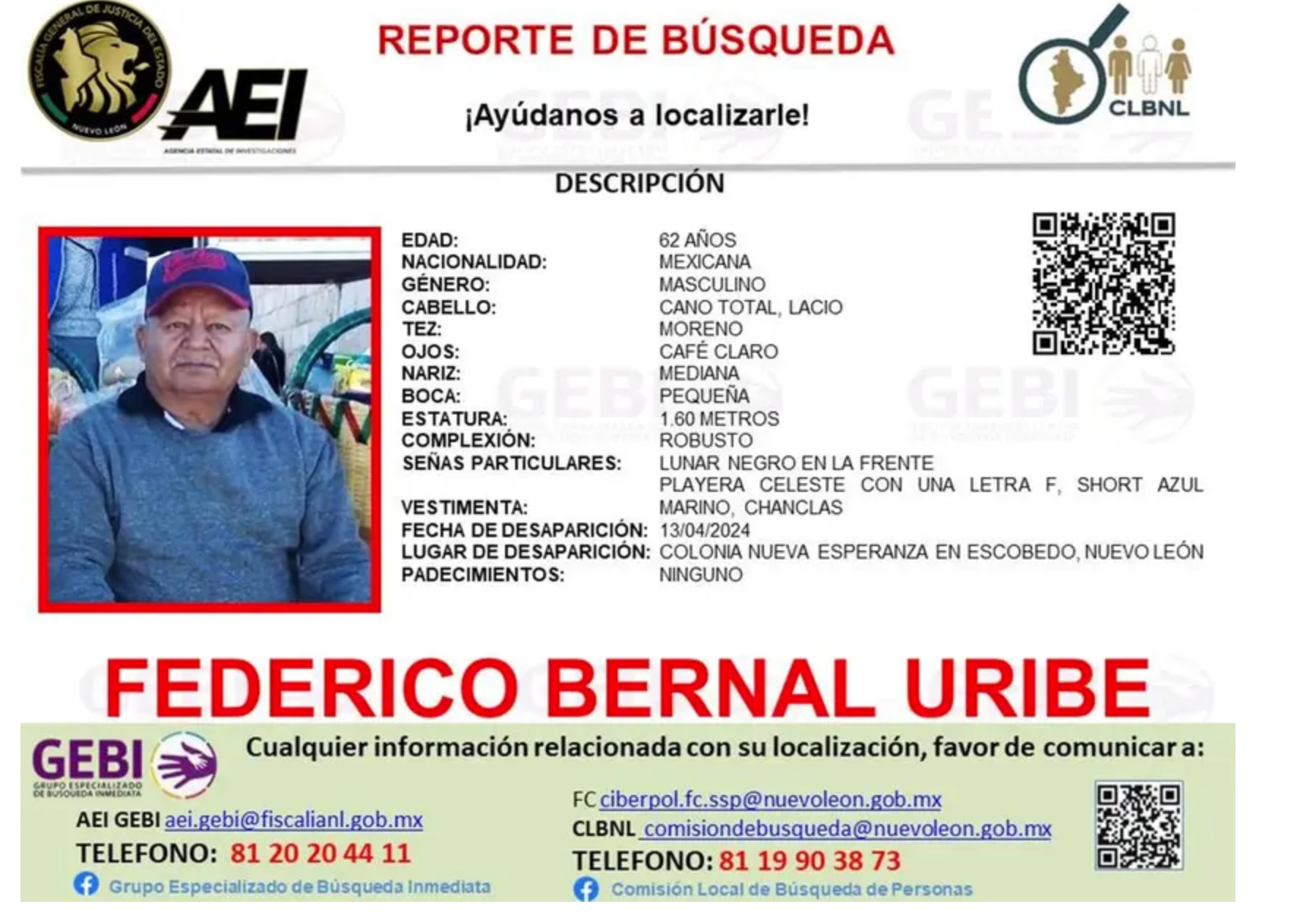 Desaparece abuelito de 62 años en Nuevo León